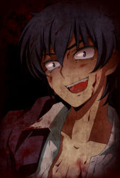 Rule 34 | 1boy, b (kana0816), black hair, blood, blood on clothes, blood on face, brown eyes, corpse party, crazy, crazy eyes, crazy smile, jacket, jacket over shoulder, kizami yuuya, male focus, open mouth, school uniform, smile, solo, spoilers, unworn jacket