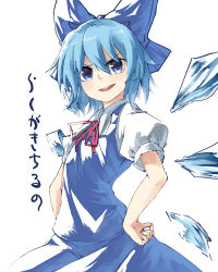 Rule 34 | 1girl, blue eyes, blue hair, bow, cirno, dress, hair bow, hands on own hips, highres, ibuki notsu, looking at viewer, matching hair/eyes, short hair, simple background, smile, solo, touhou, translated, white background, wings