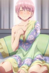 Rule 34 | 1girl, backlighting, bare shoulders, blush, bob cut, breasts, cleavage, covering privates, covering breasts, day, closed eyes, go-toubun no hanayome, highres, indoors, large breasts, nakano ichika, pink hair, screencap, short hair, sitting, solo