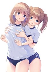 Rule 34 | 2girls, bloomers, blue bloomers, blue eyes, blush, braid, breasts, brown hair, buruma, grabbing, grabbing another&#039;s breast, gym shirt, gym uniform, highres, large breasts, medium hair, multiple girls, nail polish, open mouth, original, pasdar, pink nails, purple eyes, shirt, short twintails, simple background, single braid, standing, thighs, twintails, white background, yuri