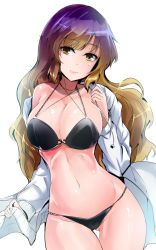 Rule 34 | 1girl, bare shoulders, bikini, black bikini, breasts, brown eyes, brown hair, collarbone, commentary request, cowboy shot, criss-cross halter, cross-laced clothes, drawstring, gluteal fold, gradient hair, groin, halterneck, hand up, head tilt, highres, hijiri byakuren, jacket, large breasts, lips, long hair, long sleeves, looking at viewer, multicolored hair, navel, off shoulder, one-hour drawing challenge, open clothes, open jacket, purple hair, shiny skin, simple background, smile, solo, standing, stomach, swimsuit, thighs, touhou, very long hair, white background, white jacket, y2
