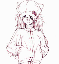 Rule 34 | 1girl, animal ear headwear, animal hat, cat hat, closed mouth, evangelion: 3.0 you can (not) redo, eyepatch, fake animal ears, hands in pockets, harukaze koucha, hat, hat pin, jacket, long hair, looking at viewer, monochrome, neon genesis evangelion, rebuild of evangelion, smile, solo, souryuu asuka langley, track jacket, two side up, upper body