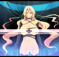 Rule 34 | 1girl, bad id, bad pixiv id, blonde hair, blue eyes, breasts, censored, choker, cleft of venus, collarbone, empty eyes, face, female focus, groin, hip focus, huge breasts, letterboxed, long hair, looking at viewer, navel, nicole pmonachi, nude, pixiv, pixiv army, pussy, solo, standing, thigh gap, thighhighs, thighs, uncensored