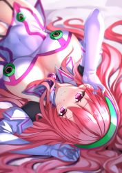 Rule 34 | 10s, 1girl, blurry, blush, breasts, covered navel, depth of field, elbow gloves, female focus, garter straps, gloves, hacka doll, hacka doll 2, hairband, highres, large breasts, long hair, open mouth, pink eyes, pink hair, solo, swordsouls, very long hair, white gloves
