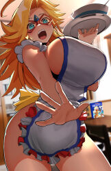 Rule 34 | 1girl, ahoge, apron, bare hips, bare shoulders, blonde hair, blue eyes, blue hair, blurry, blurry background, brand name imitation, breasts, contrapposto, cowboy shot, eye mask, frilled apron, frills, from below, fujioka yatsufusa, highres, holding, holding tray, indoors, kamen america, kamen america (comic), large breasts, long hair, looking at viewer, naked apron, open mouth, parted bangs, reaching, reaching towards viewer, sideboob, smile, solo, star (symbol), superhero costume, tray