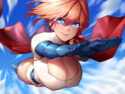Rule 34 | 1girl, bad id, bad twitter id, blonde hair, blue eyes, blue sky, blurry, breasts, cape, cleavage, cleavage cutout, clothing cutout, cloud, cloudy sky, day, dc comics, depth of field, elbow gloves, flying, gloves, glowing, glowing eyes, highleg, highleg leotard, highres, large breasts, leotard, looking at viewer, naidong (artist), power girl, red cape, short hair, sky, smile, solo, superhero costume, superman (series)