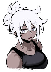 1girl absurdres bare_shoulders black_tank_top breasts collarbone commentary_request dark-skinned_female dark_skin fangs flow_(kanke_(kank06020602)) grey_eyes hair_between_eyes highres kanke_(kank06020602) large_breasts long_bangs looking_at_viewer messy_hair open_mouth original portrait shiny_skin solo tank_top white_background white_hair