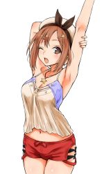 Rule 34 | 1girl, armpits, artist request, atelier (series), atelier ryza, atelier ryza 1, belt, blush, breasts, brown eyes, brown hair, hair ornament, hairclip, hat, highres, jewelry, looking at viewer, necklace, one eye closed, open mouth, red shorts, reisalin stout, short shorts, shorts, simple background, solo, star (symbol), stretching, teeth, thighs, upper teeth only, white background, white hat