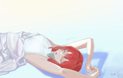 Rule 34 | 1girl, absurdres, ange katrina, armpits, arms up, bare arms, blue background, closed eyes, commentary, gradient background, highres, lying, medium hair, nicporim, nijisanji, on back, parted lips, red hair, shadow, shirt, sleeping, sleeveless, sleeveless shirt, solo, upper body, virtual youtuber, white background, white shirt