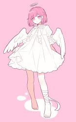 Rule 34 | 1girl, angel wings, bandaged ankle, bandages, barefoot, blush, bow, commentary request, dress, frilled sleeves, frills, full body, halo, highres, ootori emu, open mouth, pink background, pink eyes, pink hair, pink theme, project sekai, puffy short sleeves, puffy sleeves, short hair, short sleeves, sidelocks, solo, waka (wk4444), white bow, white dress, white wings, wings