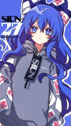Rule 34 | 1girl, blue background, blue bow, blue eyes, blue hair, bow, character name, closed mouth, clothes writing, flaming eye, frown, grey hoodie, hair between eyes, hair bow, heart, highres, hood, hoodie, kyouda suzuka, long hair, long sleeves, looking at viewer, ofuda, ofuda on clothes, simple background, sleeves past fingers, sleeves past wrists, solo, standing, touhou, twitter username, typo, yorigami shion