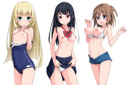 Rule 34 | 3girls, black hair, blonde hair, blush, bra, bra pull, breasts, breasts out, brown hair, cleavage, clothes lift, clothes pull, covered navel, groin, hime cut, kimagure blue, large breasts, long hair, looking at viewer, multiple girls, navel, neck ribbon, nipples, no shirt, old school swimsuit, one-piece swimsuit, one-piece swimsuit pull, open mouth, original, panties, parted lips, pleated skirt, purple eyes, red eyes, ribbon, school swimsuit, shorts, side ponytail, simple background, skirt, skirt lift, small breasts, smile, sweatdrop, swimsuit, topless, underwear, white background, white bra, white panties