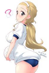 Rule 34 | 1girl, ?, ass, bad id, bad twitter id, ball, blonde hair, blue buruma, blush, breasts, brown eyes, buruma, commentary, cowboy shot, dated, from side, girls und panzer, gym shirt, gym uniform, hair pulled back, hair tie, hairband, highres, holding, holding ball, kuzuryuu kennosuke, light blush, long hair, looking back, medium breasts, one-hour drawing challenge, panties, panty peek, parted lips, ponytail, sasaki akebi, shirt, short sleeves, simple background, solo, spoken question mark, standing, t-shirt, twitter username, underwear, volleyball (object), white background, white hairband, white shirt
