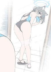 Rule 34 | 1girl, animal ear fluff, animal ears, ass, back cutout, black footwear, black one-piece swimsuit, blue archive, blue eyes, blush, clothing cutout, competition swimsuit, covered mouth, cross, cross hair ornament, earrings, extra ears, flat color, grey hair, hair ornament, halo, highres, holding, holding phone, inverted cross, jewelry, kneepits, leaning forward, masabodo, mirror, mismatched pupils, multicolored clothes, multicolored swimsuit, official alternate costume, one-piece swimsuit, phone, ponytail, reflection, sandals, selfie, shiroko (blue archive), shiroko (swimsuit) (blue archive), single earring, solo, standing, stud earrings, swimsuit, tile floor, tiles, two-tone swimsuit, wolf ears