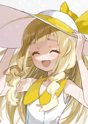 Rule 34 | 1girl, :d, bare arms, blonde hair, blush, braid, closed eyes, collared dress, commentary request, creatures (company), dress, eyelashes, game freak, hands on headwear, happy, hat, hat ribbon, highres, lillie (nihilego), lillie (pokemon), long hair, nintendo, open mouth, pokemon, pokemon (anime), pokemon journeys, pokemon swsh111, ribbon, sasairebun, sleeveless, sleeveless dress, smile, solo, tongue, twin braids, upper body, white background, white dress, white hat, yellow ribbon