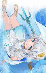 Rule 34 | 1girl, blue eyes, blue hair, blue nails, blush, choker, closed mouth, commentary, dress, facial mark, fins, fish tail, from above, full body, gawr gura, gawr gura (party dress), highres, holding, holding polearm, holding weapon, hololive, hololive english, laurel crown, looking at viewer, looking up, mimizuku (mmiganaru), multicolored hair, nail polish, polearm, sandals, shark tail, silver hair, sitting, smile, solo, streaked hair, symbol-only commentary, tail, toenail polish, toenails, trident, virtual youtuber, weapon, white dress, yellow choker