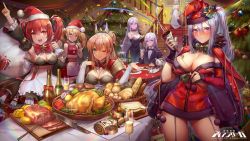 Rule 34 | 1boy, 6+girls, alcohol, alternate costume, ann (iron saga), apple, apron, arm up, armpits, arseille (iron saga), baguette, black dress, black gloves, black jacket, black neckwear, blonde hair, blue eyes, blush, bottle, bow, bowtie, bread, breasts, cape, champagne flute, choker, christmas, christmas lights, christmas ornaments, christmas tree, cleavage, cleavage cutout, closed mouth, clothing cutout, confetti, crop top, cup, d. (ddot2018), detached sleeves, dress, drinking glass, food, fork, fruit, fur-trimmed cape, fur-trimmed crop top, fur-trimmed dress, fur-trimmed gloves, fur trim, garter straps, gloves, glumi (iron saga), green eyes, hair between eyes, hair ornament, hair ribbon, hairclip, halter dress, halterneck, hat, highres, holding, holding cup, holding sack, indoors, iron saga, jacket, knife, large breasts, linda (iron saga), logo, long hair, long sleeves, mango, medium breasts, multiple girls, onion, open mouth, pale skin, parted lips, party popper, plate, pom pom (clothes), ponytail, pork, purple eyes, purple hair, red cape, red dress, red eyes, red hair, rhea (iron saga), ribbon, sack, santa costume, santa hat, shawl, shirt, sidelocks, silver hair, skirt, sleeveless, small breasts, smile, sparkle, spill, stairs, star-shaped pupils, star (symbol), steak, stuffed toy, symbol-shaped pupils, table, trista (iron saga), turkey (bird), twintails, vivian kirastar (iron saga), waist apron, white dress, white shirt