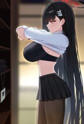 Rule 34 | 1girl, absurdres, black bra, black hair, black nails, black pantyhose, black skirt, blue archive, bra, breasts, fingernails, from side, hair ornament, hairpin, halo, highres, large breasts, long hair, long sleeves, mijikayo, nail polish, navel, pantyhose, pleated skirt, profile, red eyes, rio (blue archive), skirt, solo, underwear