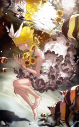 Rule 34 | 1girl, air bubble, arm tattoo, bare legs, barefoot, blonde hair, blurry, bouquet, bow, bubble, calm, closed eyes, depth of field, dress, fish, floating hair, flower, frilled dress, frills, from side, hair bow, hair ornament, hairclip, highres, holding, kagamine rin, moorish idol, number tattoo, profile, reflection, sawashi (ur-sawasi), short hair, smile, solo, submerged, sundress, sunflower, sunflower petals, tattoo, tropical fish, underwater, vocaloid, water, white dress