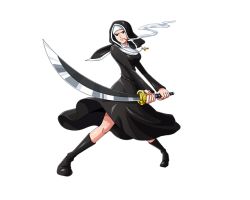 Rule 34 | 1girl, bodskih, boots, cigarette, cross, cross necklace, full body, jewelry, katana, miss catherina, necklace, nun, official art, one piece, one piece treasure cruise, smoke, solo, sword, transparent background, weapon
