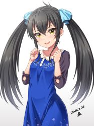 Rule 34 | 1girl, :d, blue dress, blue ribbon, blush, clenched hands, collarbone, cowboy shot, dated, dress, eyelashes, gradient background, grey background, hair ribbon, hands up, highres, idolmaster, idolmaster cinderella girls, long hair, looking at viewer, matoba risa, open mouth, ribbon, sidelocks, signature, sleeves past elbows, smile, solo, standing, tsurime, twintails, v-shaped eyebrows, very long hair, yellow eyes, yoohi