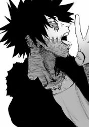 Rule 34 | 1boy, bad id, bad pixiv id, black hair, boku no hero academia, burn scar, dabi (boku no hero academia), from side, greyscale, looking at viewer, male focus, messy hair, monochrome, open mouth, piercing, scar, shirt, short sleeves, simple background, solo, spiked hair, staple, stitches, upper body, white background, yuu yuugekisyu