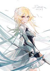 Rule 34 | 1girl, absurdres, bad id, bad pixiv id, blonde hair, closed mouth, commentary request, cowboy shot, dated, dress, expressionless, eyes visible through hair, flower, from side, genshin impact, hair between eyes, hair flower, hair ornament, highres, holding, holding weapon, long hair, long sleeves, looking at viewer, lumine (genshin impact), red eyes, scarlett 0125, signature, simple background, solo, weapon, white background, white dress, white flower