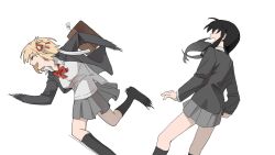 Rule 34 | 2girls, bag, black hair, black jacket, black socks, blonde hair, chinese commentary, collared shirt, commentary request, feet out of frame, grey skirt, hair ribbon, highres, inoue takina, jacket, long hair, long sleeves, looking at another, lycoris recoil, medium hair, motion blur, multiple girls, nishikigi chisato, one side up, open mouth, pleated skirt, red ribbon, ribbon, school uniform, shirt, shoulder bag, simple background, skirt, socks, white background, white shirt, yanlingjinshilihuahua
