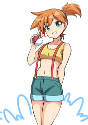 Rule 34 | 1girl, breasts, cleavage, collarbone, commentary request, creatures (company), game freak, green eyes, green shorts, grin, hand up, head tilt, highres, holding, holding poke ball, medium breasts, midriff, misty (pokemon), navel, nintendo, orange hair, poke ball, poke ball (basic), pokemon, pokemon (anime), pokemon (classic anime), shiny skin, shirt, short shorts, shorts, side ponytail, sleeveless, sleeveless shirt, smile, solo, suspenders, teeth, white background, yellow shirt, zetsuei (zetto)