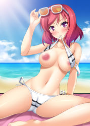 Rule 34 | 10s, 1girl, bare shoulders, beach, bikini, bikini in mouth, blue sky, blush, breasts squeezed together, breasts, breasts out, cameltoe, clothes in mouth, cloud, collarbone, day, eyewear on head, female focus, gradient hair, highres, large breasts, looking at viewer, love live!, love live! school idol festival, love live! school idol project, mouth hold, multicolored hair, narutaki shin, navel, nipples, nishikino maki, ocean, outdoors, pink hair, purple eyes, purple hair, sitting, sky, smile, solo, spread legs, sunglasses, swimsuit, white bikini