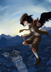 Rule 34 | 1girl, architecture, bird wings, black hair, blouse, blue sky, brown hat, cloud, collared shirt, day, east asian architecture, flat cap, flying, forest, geta, hakurei shrine, hat, htangt, jacket, long sleeves, looking down, mountain, nature, necktie, notebook, official alternate costume, open clothes, open jacket, pen, pointy ears, profile, red eyes, shameimaru aya, shameimaru aya (newsboy), shirt, short hair, shorts, shrine, sideways mouth, sky, smile, socks, solo, stairs, suit jacket, sunrise, tengu-geta, torii, touhou, white shirt, white socks, wind, wings