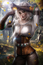 Rule 34 | 1girl, ayya sap, breasts, ciri, cleavage, freckles, gloves, green eyes, jewelry, lips, long hair, looking at viewer, makeup, medium breasts, runny makeup, scar, short hair, silver hair, solo, sword, the witcher (series), the witcher 3, weapon