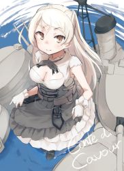 Rule 34 | 1girl, absurdres, blush, breasts, brown eyes, character name, cleavage, closed mouth, conte di cavour (kancolle), conte di cavour nuovo (kancolle), dress, gloves, grey hair, highres, kantai collection, large breasts, layered dress, long hair, ma rukan, machinery, rigging, signature, smile, solo, turret, two-tone dress, white dress, white gloves