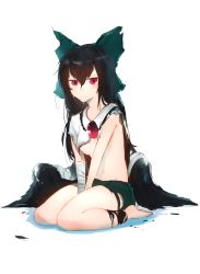 Rule 34 | 1girl, absurdres, bandages, bandaged arm, bandages, barefoot, between legs, black hair, bow, breasts, closed mouth, feathered wings, green bow, green skirt, hair between eyes, hair bow, hand between legs, highres, jitome, long hair, looking at viewer, low wings, medium breasts, niwarhythm, red eyes, reiuji utsuho, seiza, shirt, simple background, sitting, skirt, slit pupils, solo, third eye, torn bow, torn clothes, torn skirt, touhou, white background, white shirt, wings
