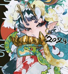 Rule 34 | 1girl, 2024, chinese zodiac, dragon, dragon girl, dragon horns, dragon mask, earrings, egasumi, horns, japanese clothes, jewelry, kamoda35 (fwwwei11), kimono, looking at viewer, new year, open mouth, original, pointy ears, pom pom (clothes), short eyebrows, solo, upper body, year of the dragon