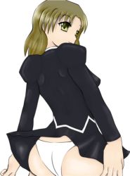 Rule 34 | 1990s (style), 1girl, agent aika, aika (series), artist request, ass, back, bare legs, black delmo, breasts, brown eyes, brown hair, closed mouth, delmo, dress, female focus, from behind, latex, looking back, medium breasts, miniskirt, misaki (agent aika), panties, pantyshot, retro artstyle, short dress, short hair, simple background, skin tight, skirt, smile, solo, standing, thighs, underwear, uniform, upskirt, white background, white panties, wind, wind lift