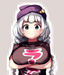 Rule 34 | 1girl, arms under breasts, beanie, black shirt, blue eyes, breast lift, breasts, closed mouth, cosplay, crossed arms, emuesukei, furrowed brow, grey background, hat, hat ornament, highres, kizuna akari, large breasts, long hair, looking at viewer, meme, neta, outline, parody, pixelated, print shirt, purple hat, shirt, short sleeves, smirk, solo, straight-on, susuru (person), susuru (person) (cosplay), susuru tv, thick eyebrows, translation request, upper body, vocaloid, voiceroid, white hair, white outline, wide-eyed