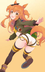 Rule 34 | 1girl, :d, animal ears, ass, bad id, bad twitter id, black ribbon, blush, boots, bow, commentary request, crop top, dog tags, ear ribbon, foot out of frame, gradient background, green jacket, highres, horse ears, horse girl, horse tail, horseshoe, jacket, long hair, looking at viewer, looking back, mayano top gun (umamusume), misashi (raichi821), open clothes, open jacket, open mouth, orange hair, patch, ribbon, shirt, short shorts, shorts, smile, solo, tail, thighhighs, two side up, umamusume, white shorts, yellow eyes, yellow shirt