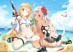 Rule 34 | 2girls, ahoge, albacore (azur lane), archerfish (azur lane), arm support, ass, azur lane, back, bare shoulders, beach, bikini, black one-piece swimsuit, blonde hair, blue sky, blush, breasts, closed mouth, cloud, day, demon tail, flower, green eyes, grin, hair flower, hair ornament, hibiscus, holding, holding water gun, jacket, kani biimu, long hair, looking at viewer, looking back, multiple girls, naughty face, navel, ocean, one-piece swimsuit, one-piece tan, one eye closed, open clothes, open jacket, purple eyes, sandals, sideboob, silver hair, sitting, sky, smile, star (symbol), star hair ornament, stomach tattoo, swimsuit, tail, tan, tanline, tattoo, teeth, thigh strap, thighs, tongue, tongue out, underboob, unzipped, very long hair, wading, wariza, water, water gun, wet, white bikini