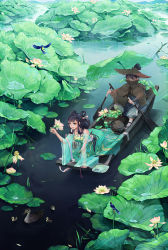 Rule 34 | 1boy, 1girl, all fours, aqua dress, arm support, artist name, bad id, bad pixiv id, bird, black hair, boat, chinese clothes, coney, crab, dress, duck, hand fan, fish, flower, green dress, green eyes, hair rings, highres, holding, holding flower, jewelry, lily pad, lotus, necklace, oar, open mouth, original, outdoors, ripples, signature, sitting, water, watercraft
