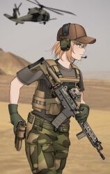 Rule 34 | 1girl, absurdres, aircraft, ammunition pouch, assault rifle, baseball cap, belt, blonde hair, blurry, blurry background, brown hat, bulletproof vest, camouflage, camouflage pants, cargo pants, closed mouth, commentary, cowboy shot, day, desert, english commentary, eyes visible through hair, fn fnc, folding stock, from side, gloves, green belt, green gloves, green pants, grey shirt, grey sky, gun, gun sling, handgun, hat, headset, helicopter, highres, hill, holding, holding gun, holding weapon, holster, holstered, keiita, looking ahead, magazine (weapon), microphone, military operator, multicolored pants, norwegian flag, optical sight, original, outdoors, pants, patch, pouch, rifle, shirt, short hair, short sleeves, sky, solo, t-shirt, thigh holster, uh-60 blackhawk, utility belt, vertical foregrip, walking, weapon, woodland camouflage, yellow eyes