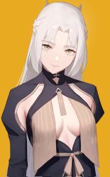 Rule 34 | 1girl, artist name, breast curtains, breasts, closed mouth, drid, highres, long hair, long sleeves, looking at viewer, medium breasts, no bra, original, simple background, solo, upper body, white hair, yellow background, yellow eyes