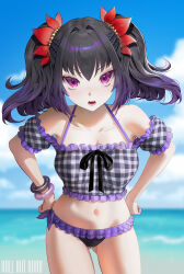 Rule 34 | 1girl, absurdres, beach, bikini, blue sky, bracelet, braid, cloud, collarbone, commission, day, frilled swimsuit, frills, hair ornament, hands on own hips, highres, jewelry, looking at viewer, mole, mole under eye, ocean, open mouth, outdoors, purple eyes, purple hair, roll out road, sky, solo, swimsuit, symonne (tales), tales of (series), tales of zestiria, thighs, toenails, twintails, water