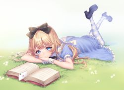 Rule 34 | 1girl, ace (playing card), ace of clubs, alice (alice in wonderland), alice in wonderland, artist name, black footwear, blonde hair, blue dress, blue eyes, blush, book, bow, card, club (shape), dress, flower, frilled dress, frills, full body, grass, hair bow, head rest, high heels, legs up, long hair, looking at viewer, lying, mary janes, on back, open book, pantyhose, parted lips, playing card, puffy short sleeves, puffy sleeves, reading, sakura shiho (shihoncake), shoes, short sleeves, solo, striped clothes, striped pantyhose, wrist cuffs