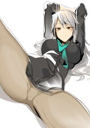 Rule 34 | 1girl, alice gear aegis, black shirt, blue necktie, blush, breasts, brown eyes, character request, closed mouth, doko tetora, grey hair, grey pantyhose, hands up, highres, large breasts, long hair, looking at viewer, lying, necktie, on back, pantyhose, shirt, simple background, solo, spread legs, white background
