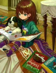 Rule 34 | 1girl, absurdres, animal, book, brown hair, child, closed eyes, closed mouth, dog, green eyes, green shirt, highres, holding, holding book, indoors, long hair, on floor, original, oversized clothes, rug, sero3eta, shirt, sitting, table