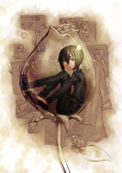 Rule 34 | 00s, 1girl, absurdres, androgynous, coat, dog, flower, gears, glass, green eyes, green hair, highres, kino (kino no tabi), kino no tabi, leaf, matching hair/eyes, photo (object), redtail, reverse trap, sepia, short hair, solo, tomboy
