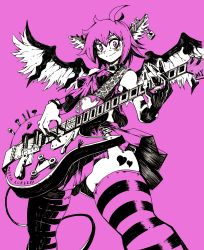 Rule 34 | 1girl, absurdres, ahoge, animal ears, bracelet, character name, collar, earrings, electric guitar, fingernails, from below, guitar, heart, highres, instrument, jewelry, long fingernails, monochrome, music, mystia lorelei, nail, nehitsuji (syatihokoga), pink background, pink eyes, pink hair, playing instrument, punk, ring, safety pin, screw, skindentation, skirt, smile, solo, striped clothes, striped thighhighs, tattoo, thighhighs, touhou, wings