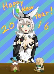 Rule 34 | 10s, 1boy, 2016, 2girls, ahoge, aqua eyes, arc system works, artist request, blush, breasts, cameo, cleavage, clover, collar, dress, elphelt valentine, fingerless gloves, four-leaf clover, gloves, guilty gear, guilty gear xrd, guilty gear xrd: revelator, highres, large breasts, multiple girls, open mouth, ramlethal valentine, short hair, silver hair, spiked collar, spikes, stuffed toy