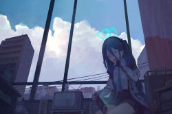 Rule 34 | 1girl, absurdly long hair, aris (blue archive), black hair, black skirt, blue archive, building, closed eyes, cloud, cloudy sky, collared shirt, day, handheld game console, highres, holding, holding handheld game console, jacket, long hair, long sleeves, nintendo switch, open clothes, open jacket, open mouth, pleated skirt, shirt, skirt, sky, smile, solo, television, two-sided fabric, two-sided jacket, very long hair, viscum, white shirt